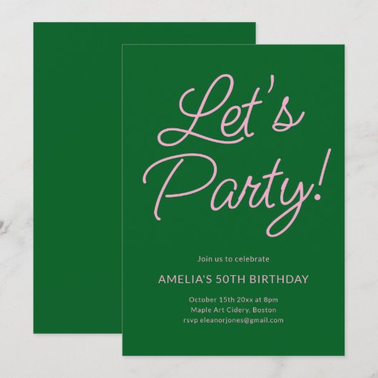 Modern Minimalist Pink Green Birthday Party Chic 招待状 (正面/裏面)