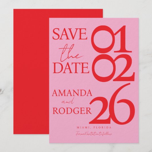 Modern Minimalist Red Pink Save the Date  招待状 (正面/裏面)