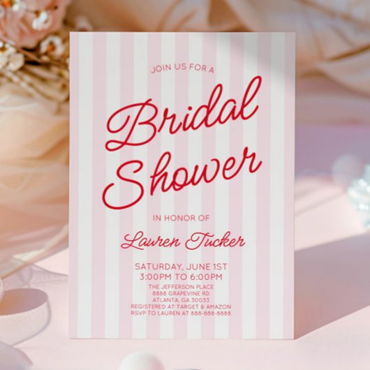 Modern Minimalist Red Pink Stripes Bridal Shower 招待状