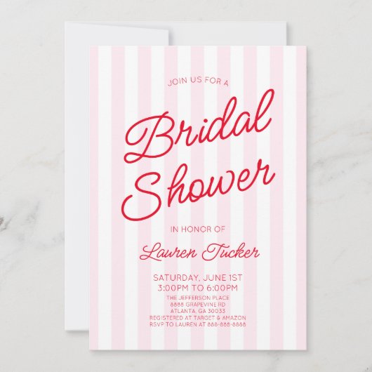 Modern Minimalist Red Pink Stripes Bridal Shower 招待状 (正面)