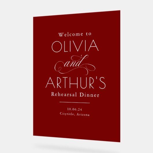 Modern Minimalist Red Rehearsal Dinner Welcome アクリルサイン (傾斜)