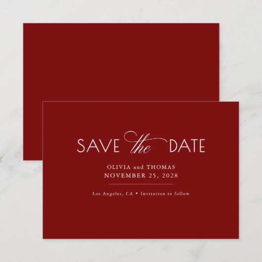 Modern Minimalist Red Wedding Save The Date セーブザデート (正面/裏面)