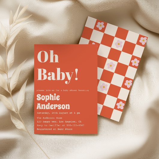 Modern Minimalist Retro Coral  Oh Baby Shower 招待状
