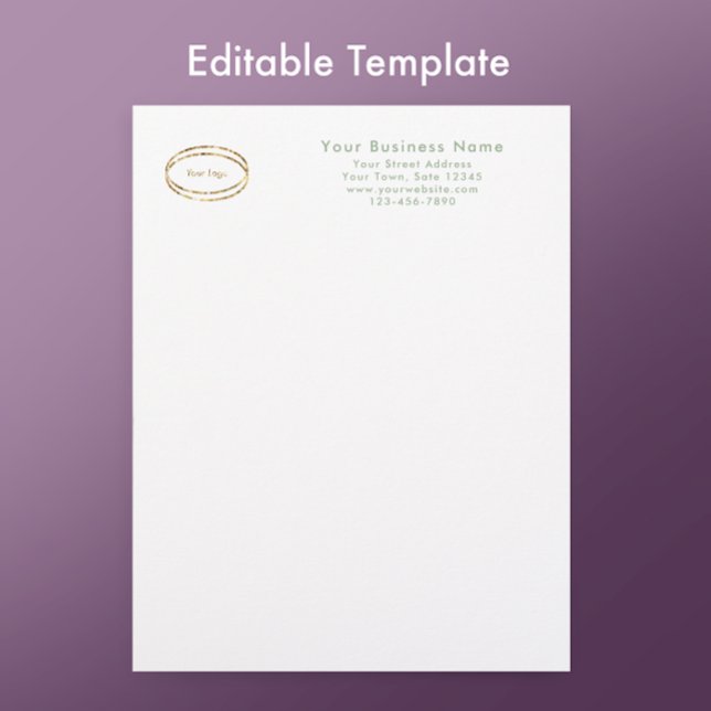 Modern Minimalist Sage Green Custom Business Logo レターヘッド (Personalize this sage green letterhead template. Add your business logo and custom modern script.
)