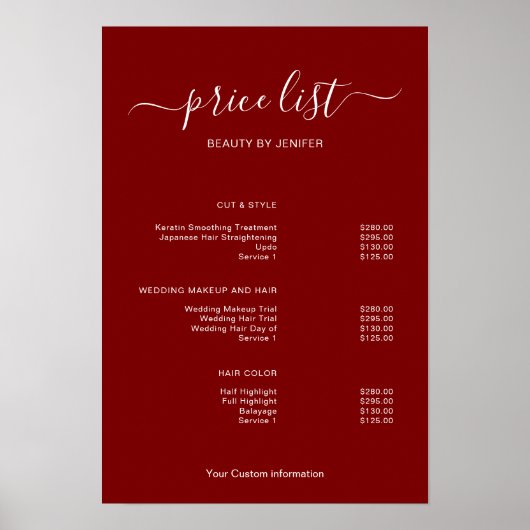 Modern Minimalist Salon Price List Sign for Beauty ポスター (正面)