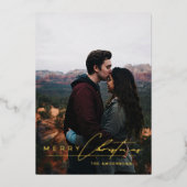 Modern Minimalist Script 1 Photo Red Christmas 箔シーズンカード (正面)