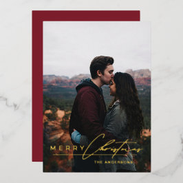 Modern Minimalist Script 1 Photo Red Christmas 箔シーズンカード