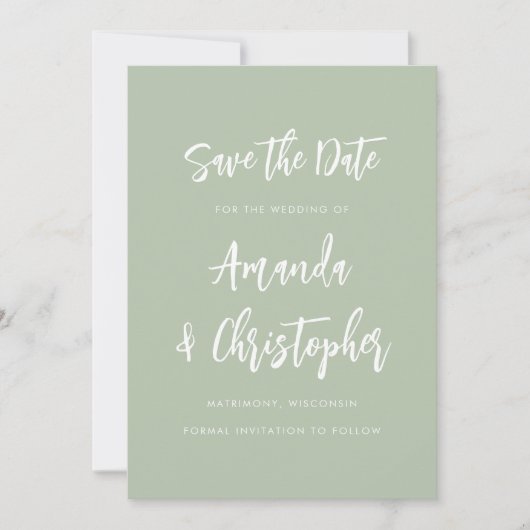 Modern Minimalist Script Sage Green Save the Date 案内状 (正面)