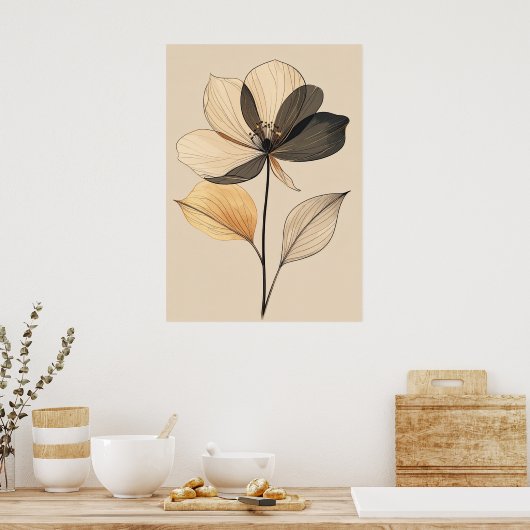 Modern Minimalist Sheer Beige & Gold Floral Botani ポスター (キッチン)