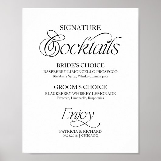 Modern Minimalist Signature Cocktails Wedding Sign ポスター (正面)