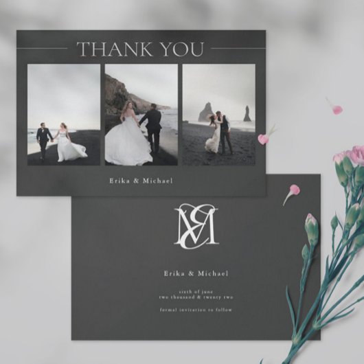 Modern Minimalist Simple 3 Photos Wedding サンキューカード