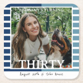 Modern Minimalist Striped 30th Birthday Photo スクエアペーパーコースター (正面)