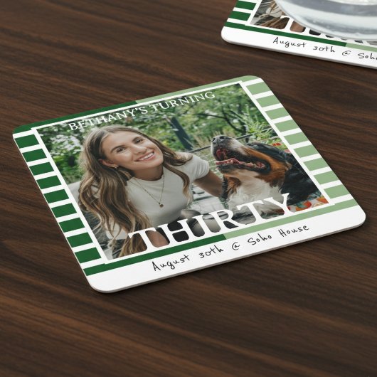 Modern Minimalist Striped 30th Birthday Photo スクエアペーパーコースター