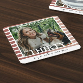 Modern Minimalist Striped 30th Birthday Photo スクエアペーパーコースター