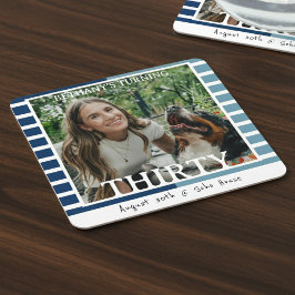 Modern Minimalist Striped 30th Birthday Photo スクエアペーパーコースター