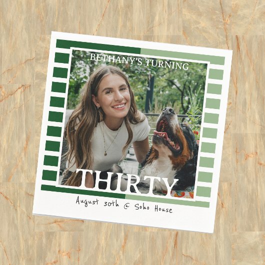 Modern Minimalist Striped 30th Birthday Photo スタンダードカクテルナプキン