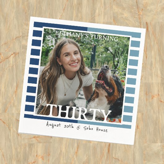 Modern Minimalist Striped 30th Birthday Photo スタンダードカクテルナプキン