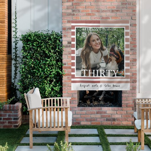 Modern Minimalist Striped 30th Birthday Photo タペストリー