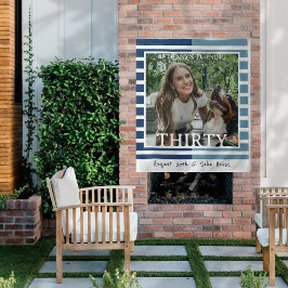 Modern Minimalist Striped 30th Birthday Photo タペストリー