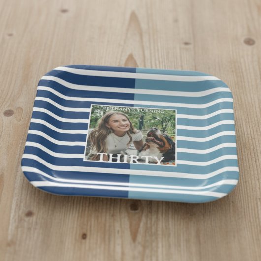 Modern Minimalist Striped 30th Birthday Photo ペーパープレート