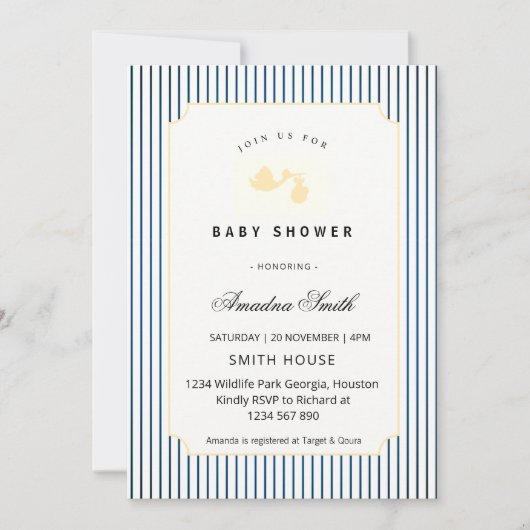 Modern & Minimalist Stripes Stork Baby Shower  招待状 (正面)