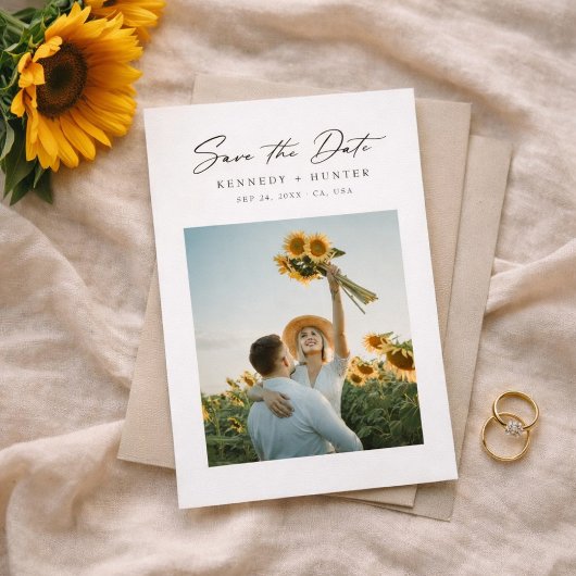 Modern Minimalist Sunflower Photo Wedding セーブザデート