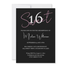 Modern Minimalist Sweet 16 Black Pink Birthday 