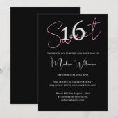Modern Minimalist Sweet 16 Black Pink Birthday  招待状 (正面/裏面)