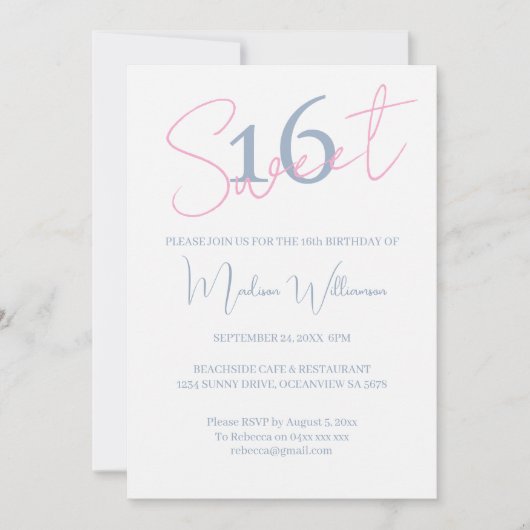 Modern Minimalist Sweet 16 Blue White Birthday 招待状 (正面)