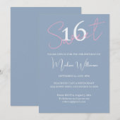 Modern Minimalist Sweet 16 Pink Blue Birthday 招待状 (正面/裏面)