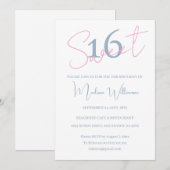 Modern Minimalist Sweet 16 Pink Blue Birthday  招待状 (正面/裏面)