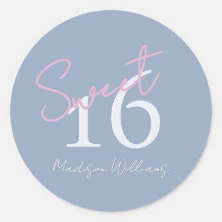 Modern Minimalist Sweet 16th Pink Blue Birthday ラウンドシール