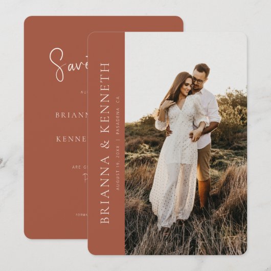 Modern Minimalist Terracotta Photo Save the Date 招待状 (正面/裏面)