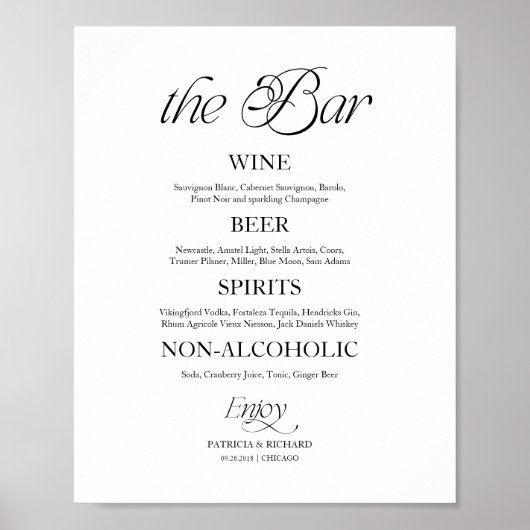 Modern Minimalist "The Bar" Wedding Menu Sign ポスター (正面)