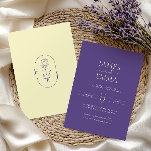 Modern Minimalist Violet and Yellow Wedding 招待状