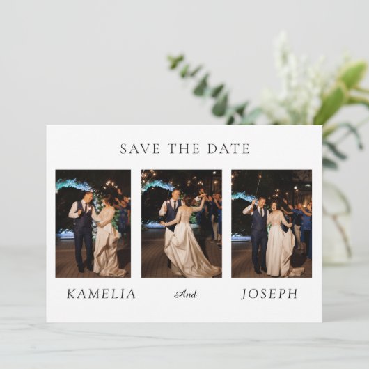 Modern Minimalist Wedding Collage | Elegant Script 招待状 (スタンド正面)