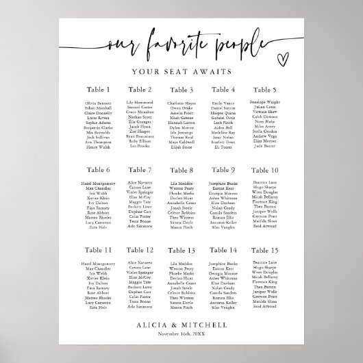 Modern Minimalist Wedding Seating Chart 15 Tables ポスター (正面)