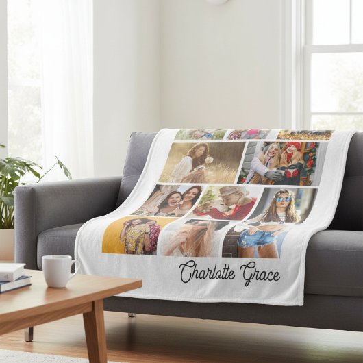 Modern Minimalist White 10 Photo Collage With Name フリースブランケット