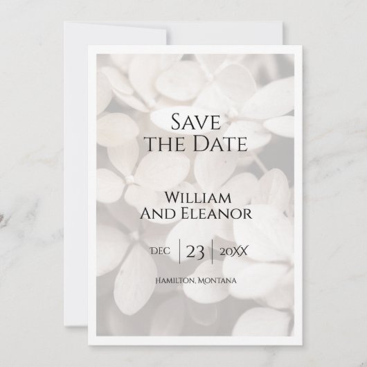 Modern Minimalist White Floral Save The Date Card セーブザデート (正面)
