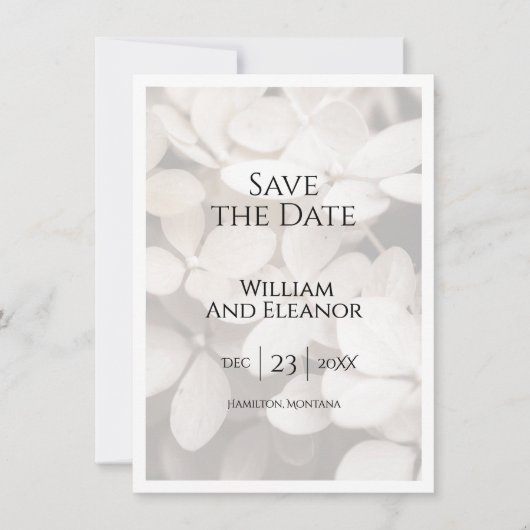 Modern Minimalist White Floral Save The Date Card セーブザデート (正面)