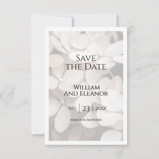 Modern Minimalist White Floral Save The Date Card セーブザデート (正面)