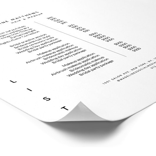 Modern Minimalist White Salon Price List Menu ポスター (角)