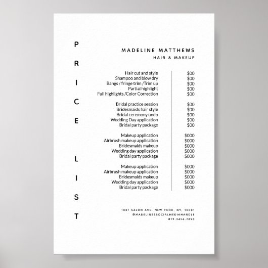 Modern Minimalist White Salon Price List Menu ポスター (正面)