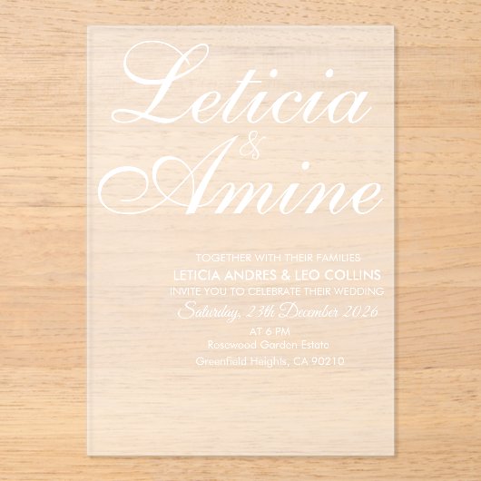 Modern Minimalist White Typographic Wedding アクリル招待状 (正面)