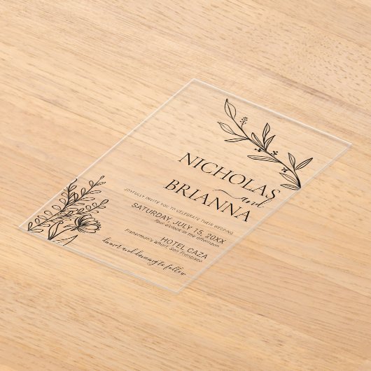 Modern Minimalist White Wildflower Wedding アクリル招待状 (レイダウン)