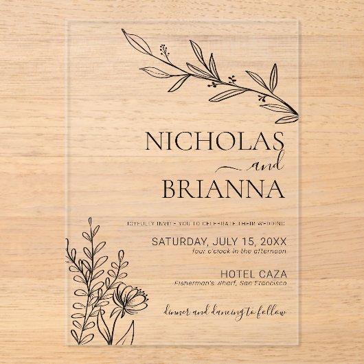 Modern Minimalist White Wildflower Wedding アクリル招待状 (正面)