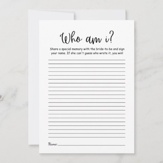 Modern Minimalist Who am i Bridal shower Game card (正面)