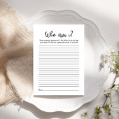 Modern Minimalist Who am i Bridal shower Game card