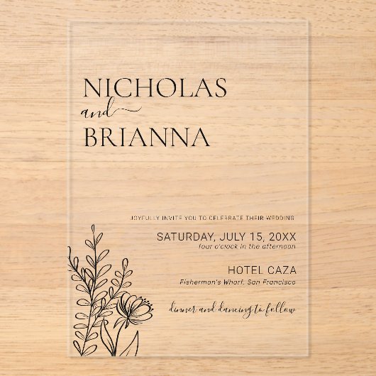 Modern Minimalist Wildflower Simple Wedding アクリル招待状 (正面)