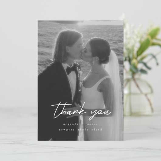 Modern Minimalistic 2-Photo Script Wedding サンキューカード (スタンド正面)
